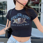 Women's Vintage Graphic Crop T-Shirt with Fitted Silhouette for Casual Streetwear Everyday Fashion Style