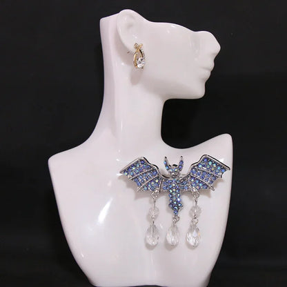 Vintage Gothic Bat Wing Brooch with Crystal Drop Statement Accent