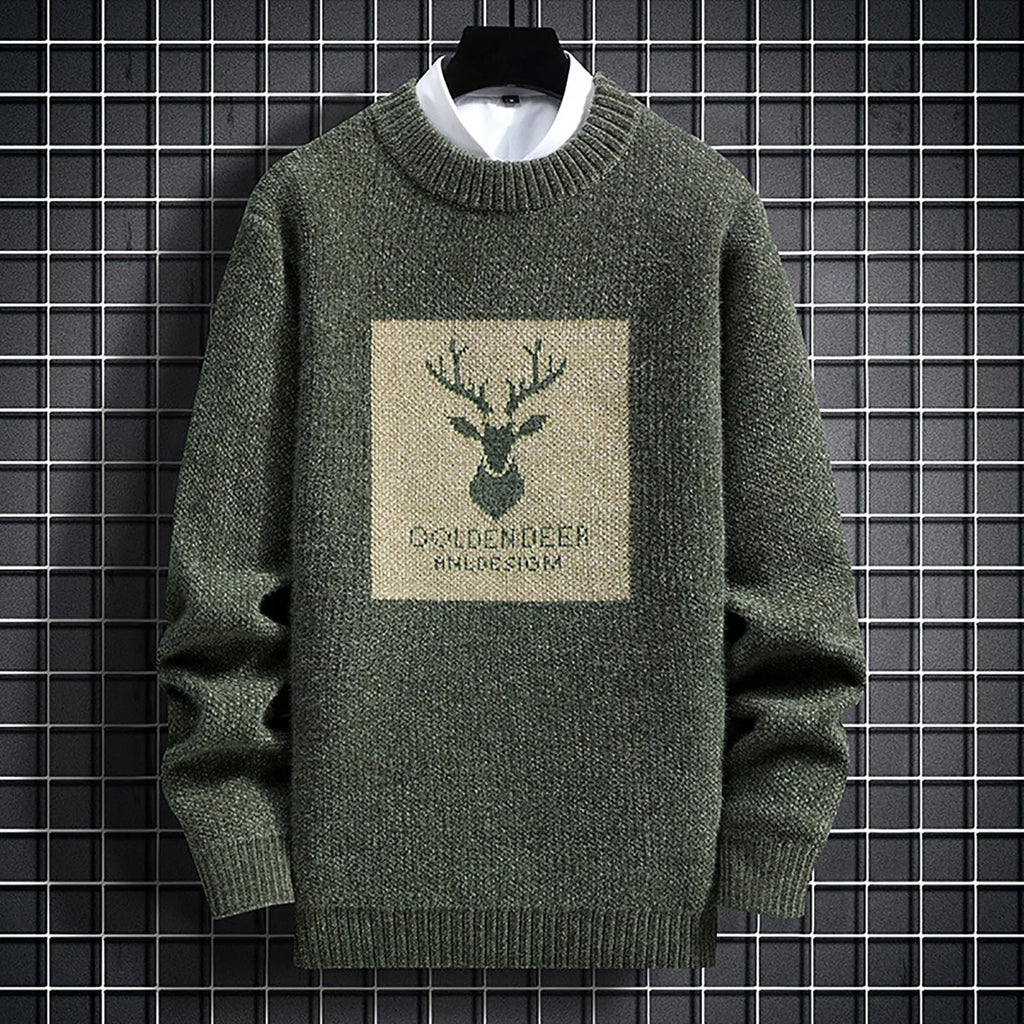 Men's Relaxed Fit Graphic Patch Crew Neck Knit Pullover Streetwear Sweater
