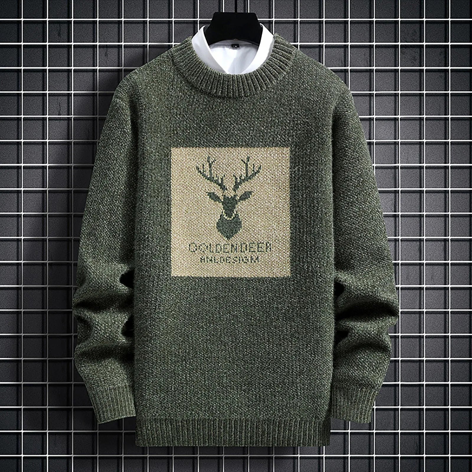 Men's Relaxed Fit Graphic Patch Crew Neck Knit Pullover Streetwear Sweater