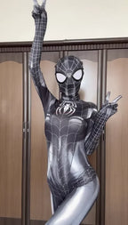 Form-Fitting Metallic Silver and Black 3D Spiderweb Print Jumpsuit