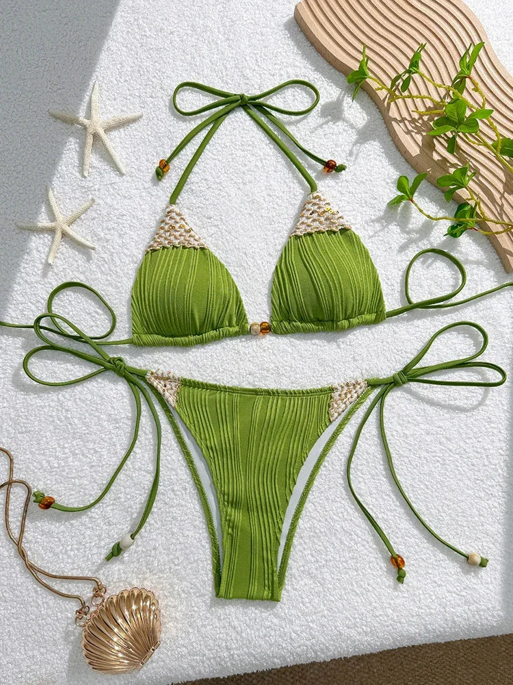 Pastel Pink Textured Triangle Bikini with Woven Bead Trim