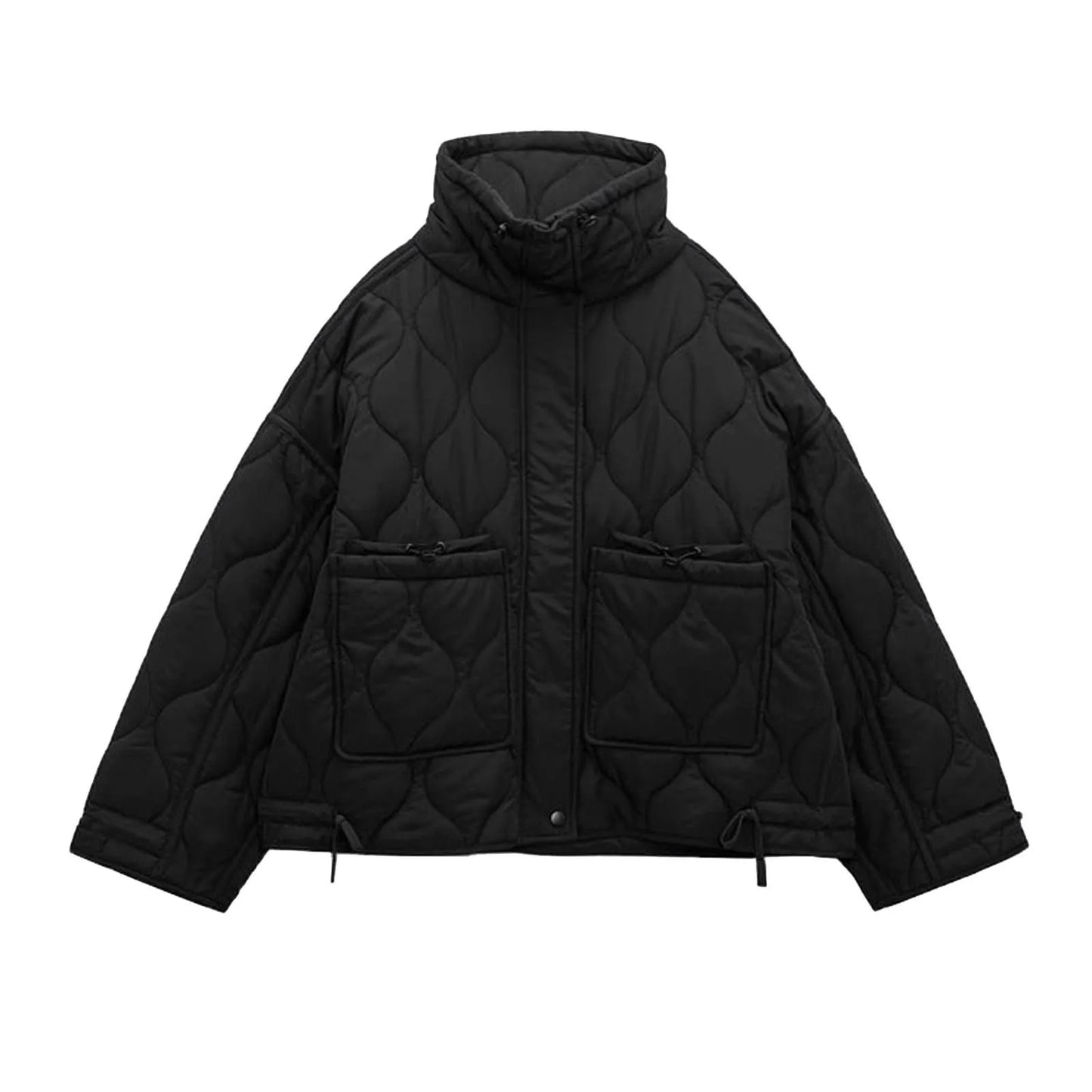 Women's Oversized Quilted Zip Jacket with Stand Collar Contemporary Casual Outerwear Style