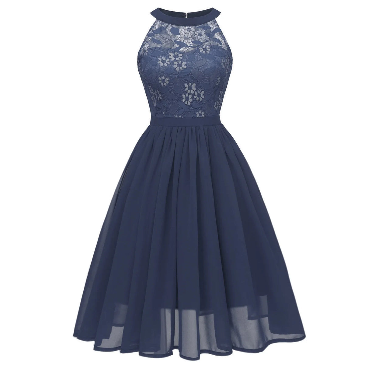 Sleeveless A-Line Chiffon-Style Dress with Lace Halter Bodice