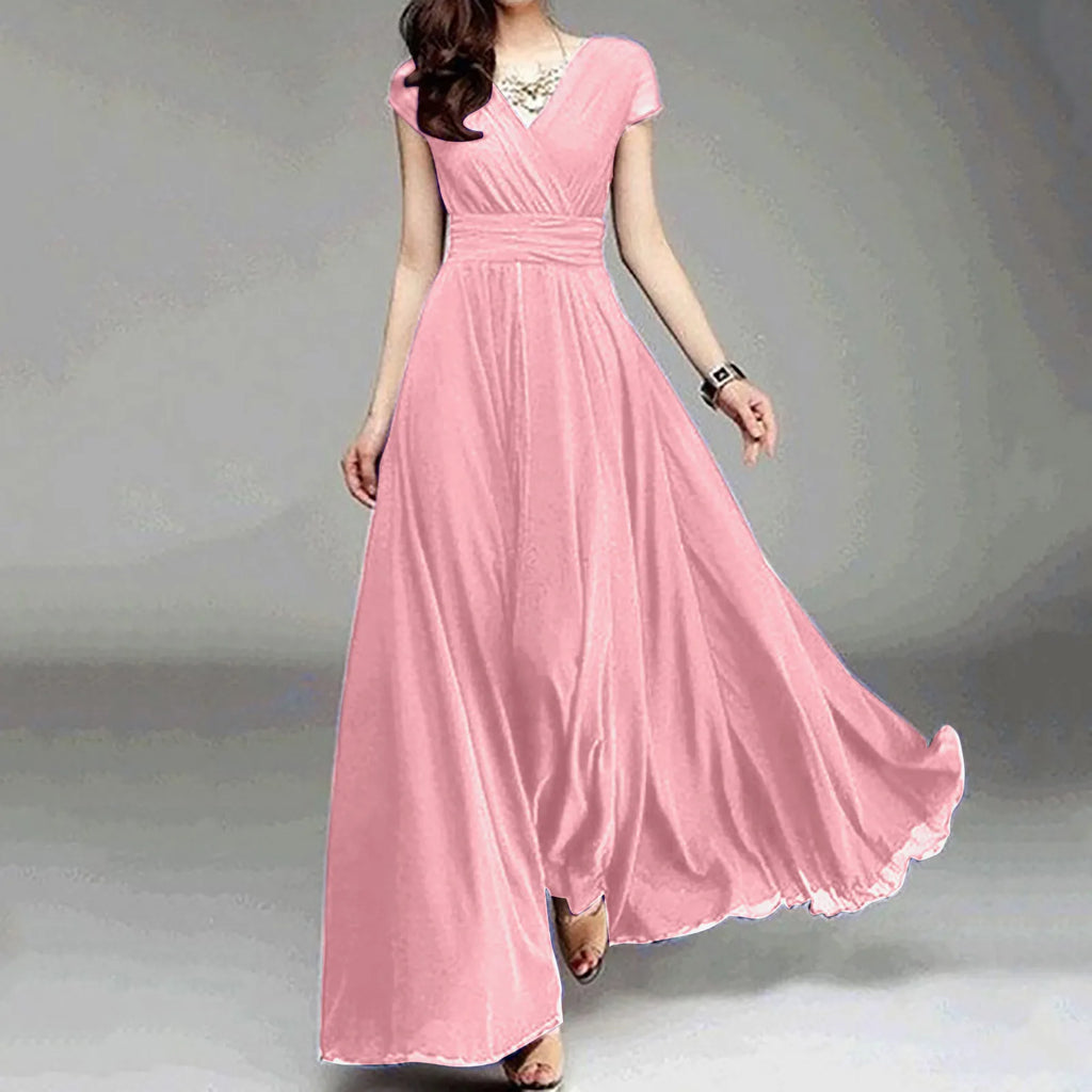 Flowing V Neck Maxi Dress With Soft Pleated Movement