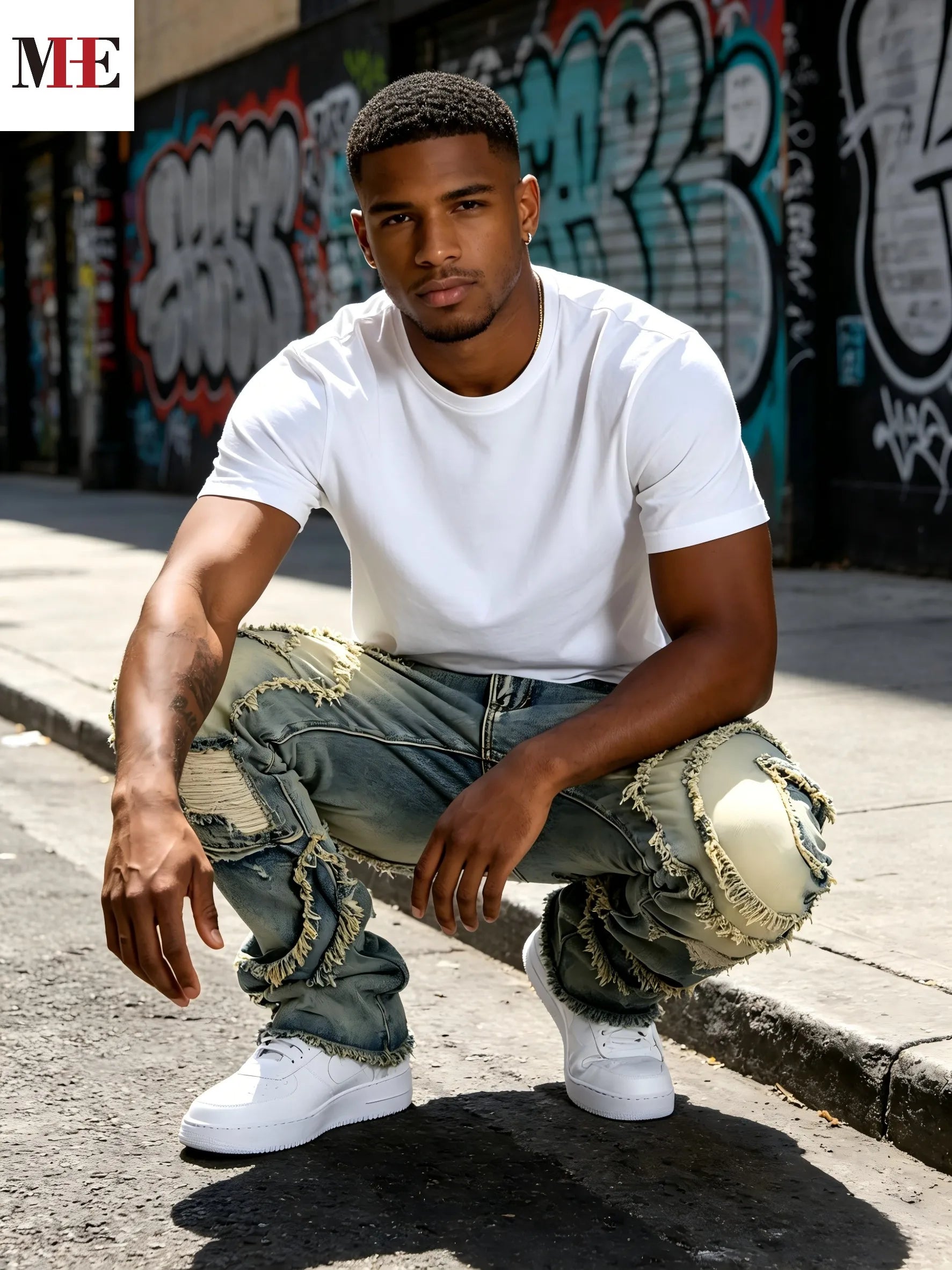 Men's Vintage Distressed Flared Denim Jeans with Frayed Layered Detail and Relaxed Fit
