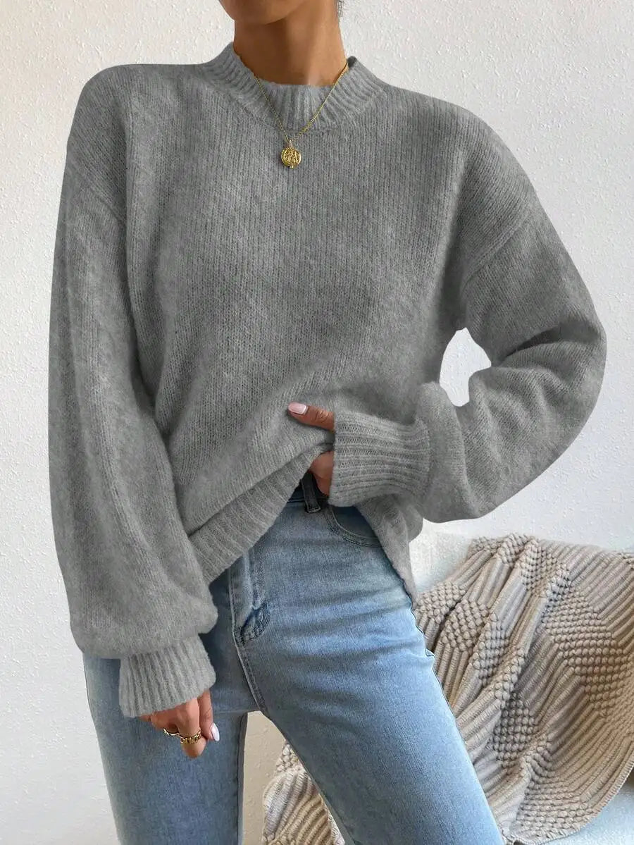 Women's Mock Neck Drop Shoulder Knit Sweater with Relaxed Oversized Silhouette