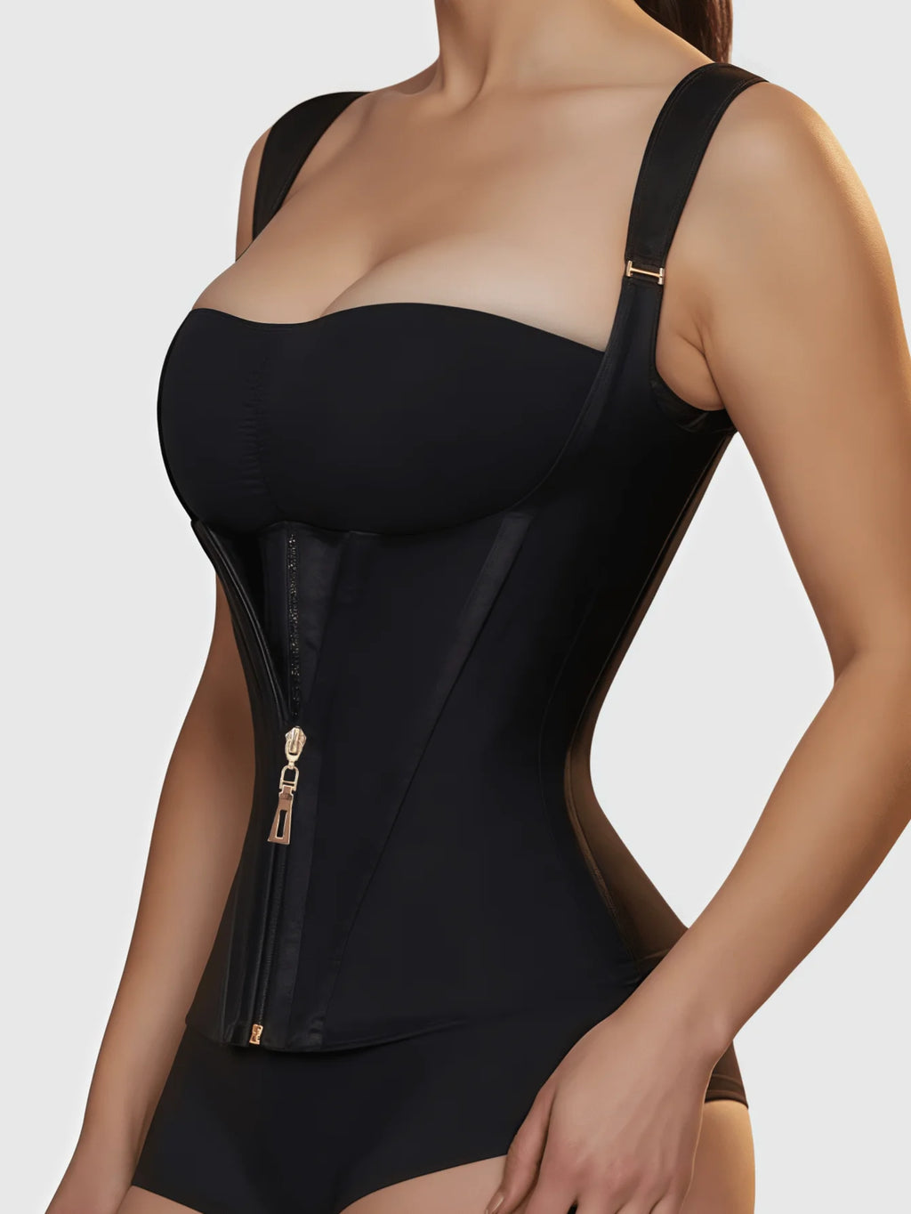 Structured Latex Underbust Waist Cincher with Front Zipper and Straps