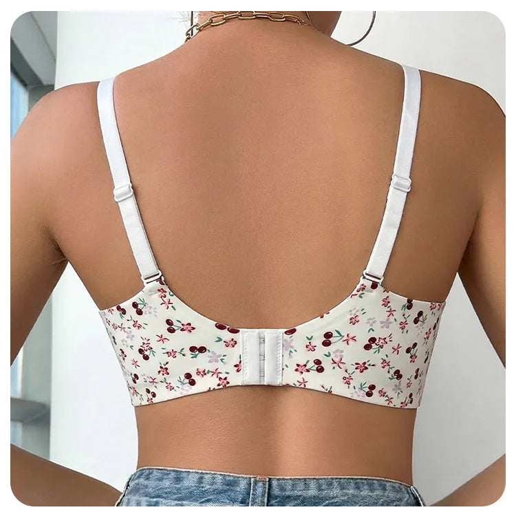 Cheerful Cherry Print Wire-Free Plunge Bra with Scalloped Trim