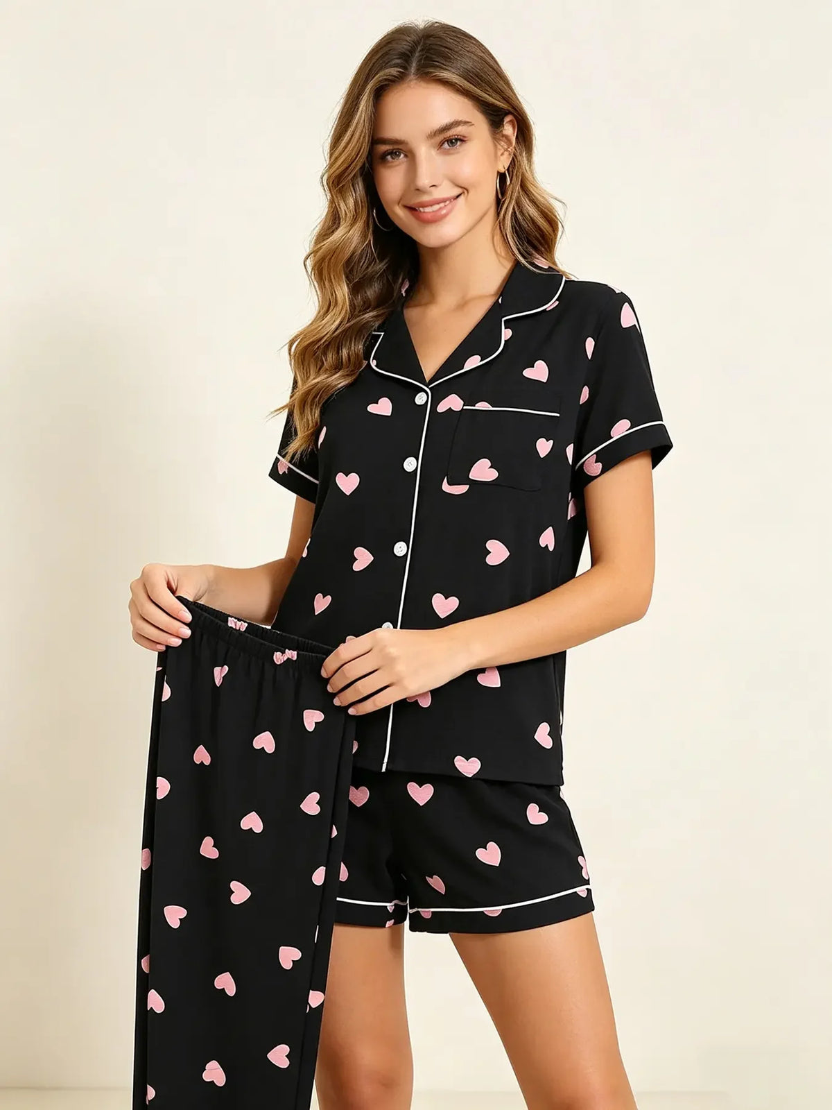 Three-Piece Cream Bow Print Pajama Lounge Set with Short-Sleeve Button-Down Top, Matching Shorts and Long Pants