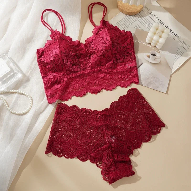 Floral Embroidered Longline Bralette and Scalloped Lace Boyshort Set