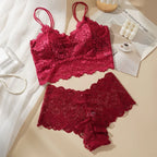 Floral Embroidered Longline Bralette and Scalloped Lace Boyshort Set