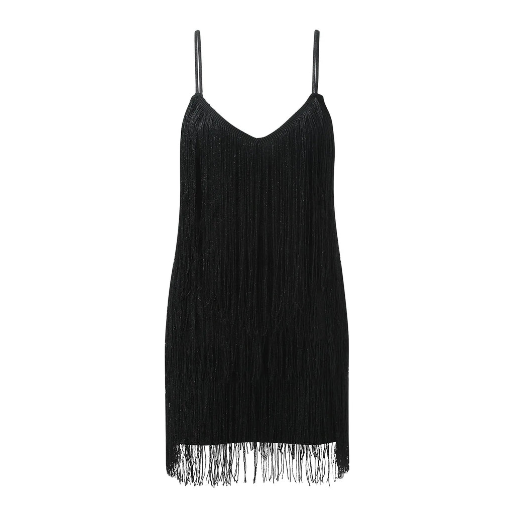 Dynamic Black Fringe Mini Dress with Plunging V-Neckline and Thin Straps