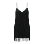 Dynamic Black Fringe Mini Dress with Plunging V-Neckline and Thin Straps