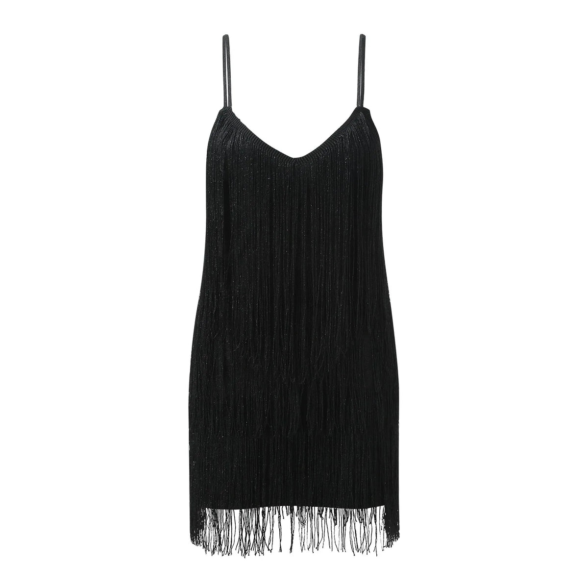 Dynamic Black Fringe Mini Dress with Plunging V-Neckline and Thin Straps