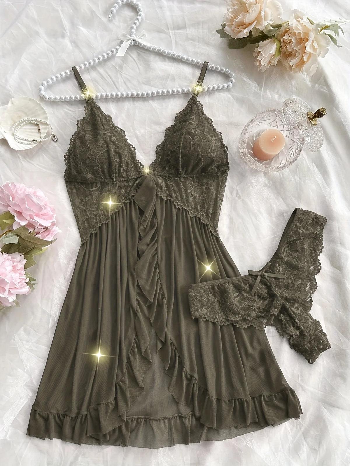 Lace Camisole and Shorts Pajama Set with V-Neckline, Bow Detail, Delicate Lace Trim and Ruffled Hem
