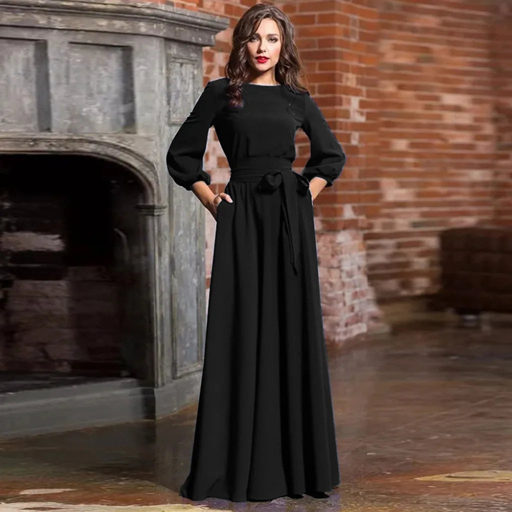 Long Sleeve A-Line Maxi Dress with Defined Waist and Flowing Silhouette
