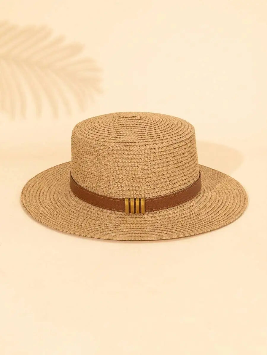 Women's Woven Straw Sun Hat with Decorative Band for Beach Vacation and Casual Wear