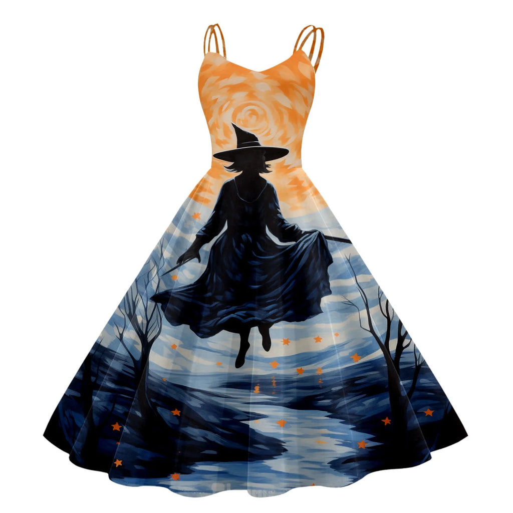 Black and White Bat Print A-Line Swing Dress with Double Spaghetti Straps