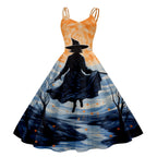 Black and White Bat Print A-Line Swing Dress with Double Spaghetti Straps