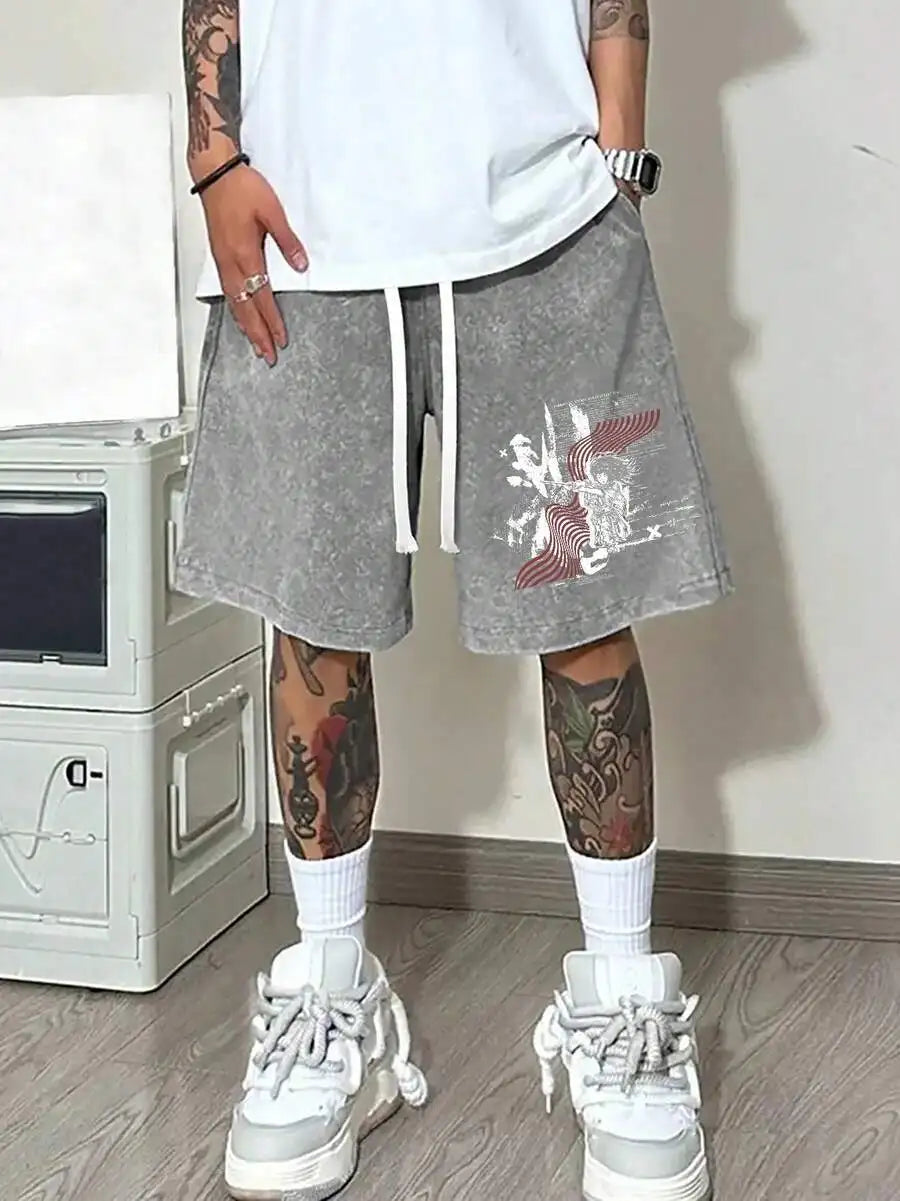 Men's Washed Cotton Shorts with Artistic Graphic Print and Relaxed Casual Streetwear Design