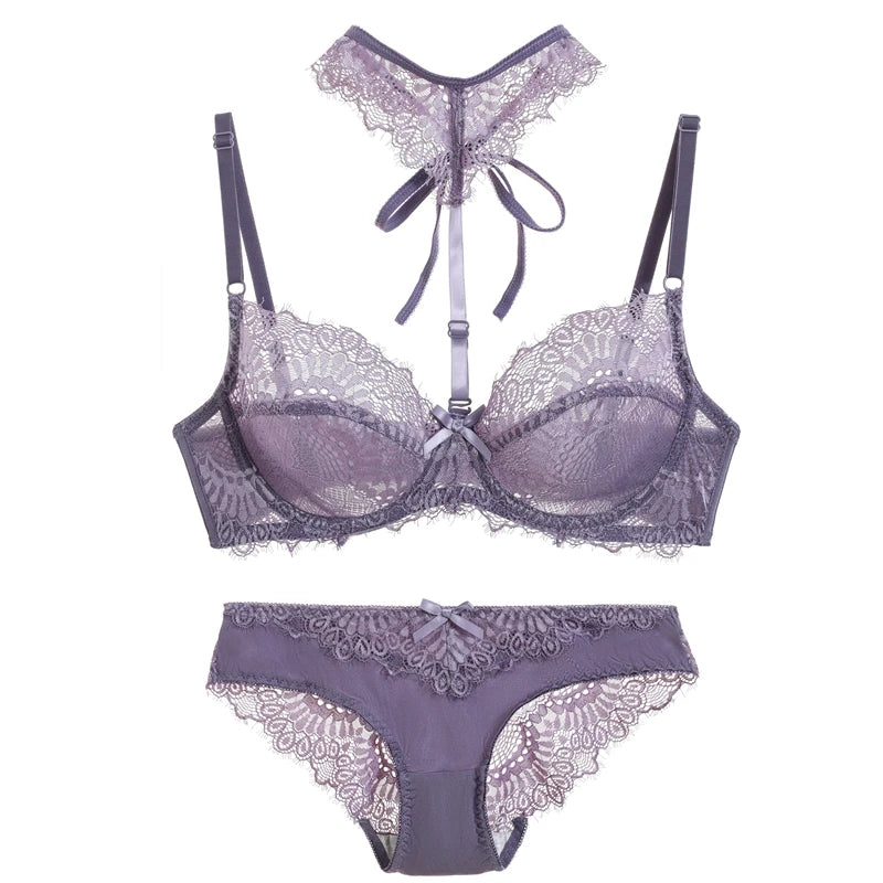 Ethereal Beige Sheer Mesh Underwire Bra Set with Lace Halter Accent