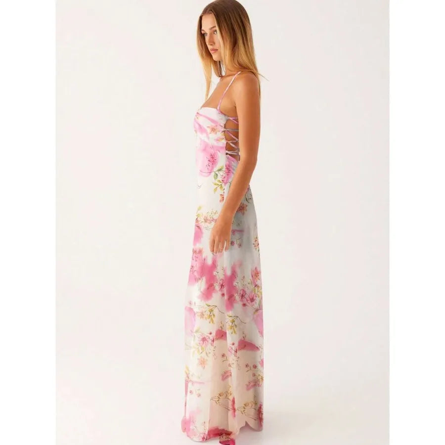 Floral Print Bodycon Maxi Dress with Square Neck and Tie Straps