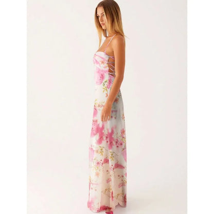 Floral Print Bodycon Maxi Dress with Square Neck and Tie Straps