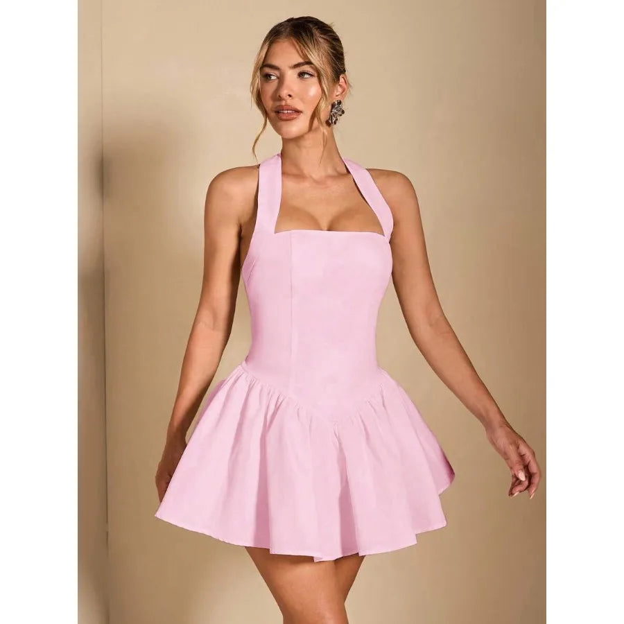Halter Neck Fit and Flare Mini Dress with Open Back Feminine Party Silhouette