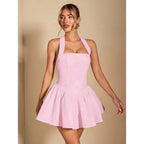 Halter Neck Fit and Flare Mini Dress with Open Back Feminine Party Silhouette