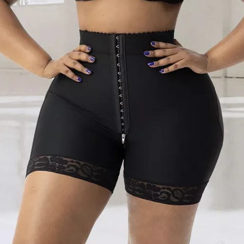 High-Waisted Structured Shaping Short with Front Hook Closure and Lace Hem
