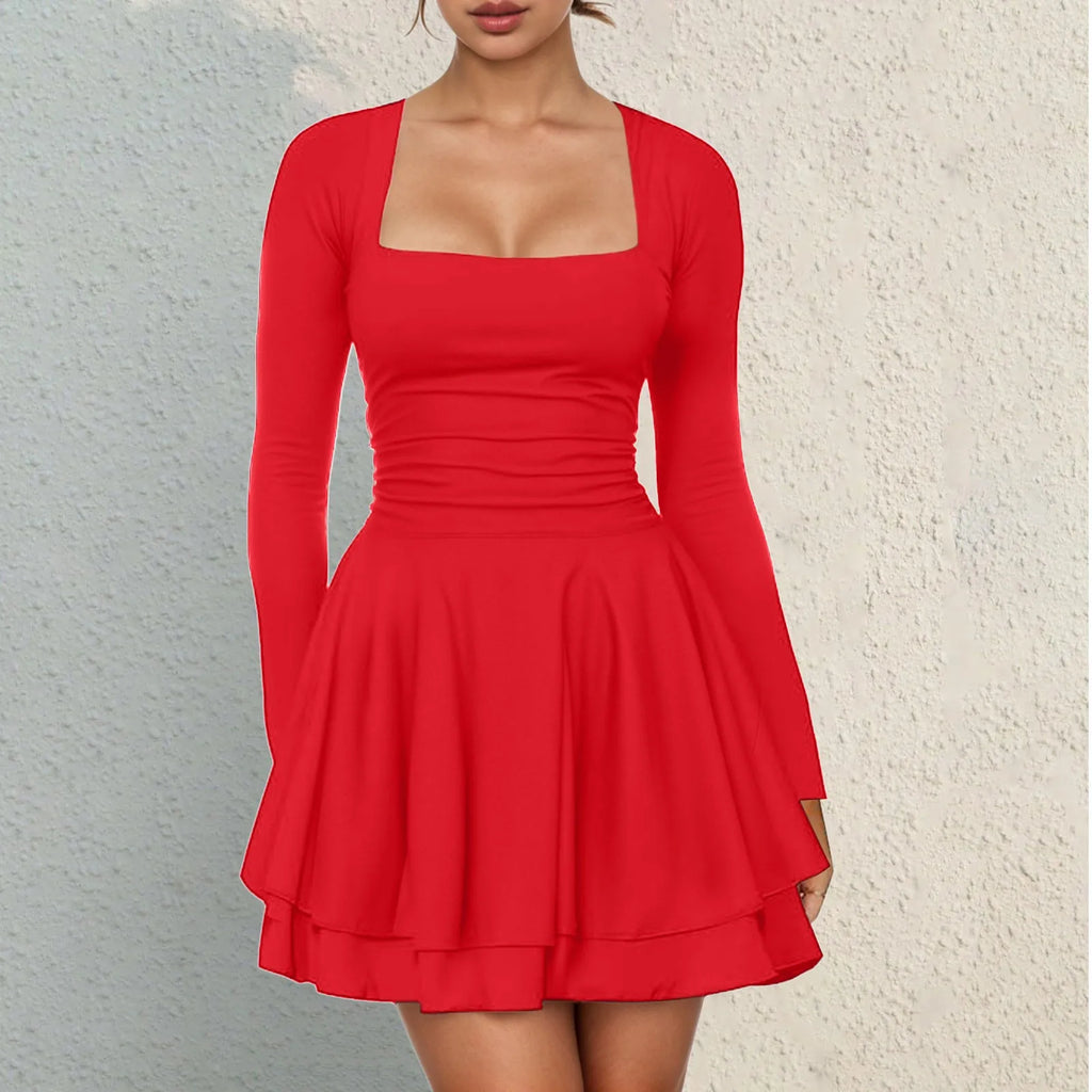 Square Neck Long Sleeve Mini Dress with Structured Waist and Ruffle Hem
