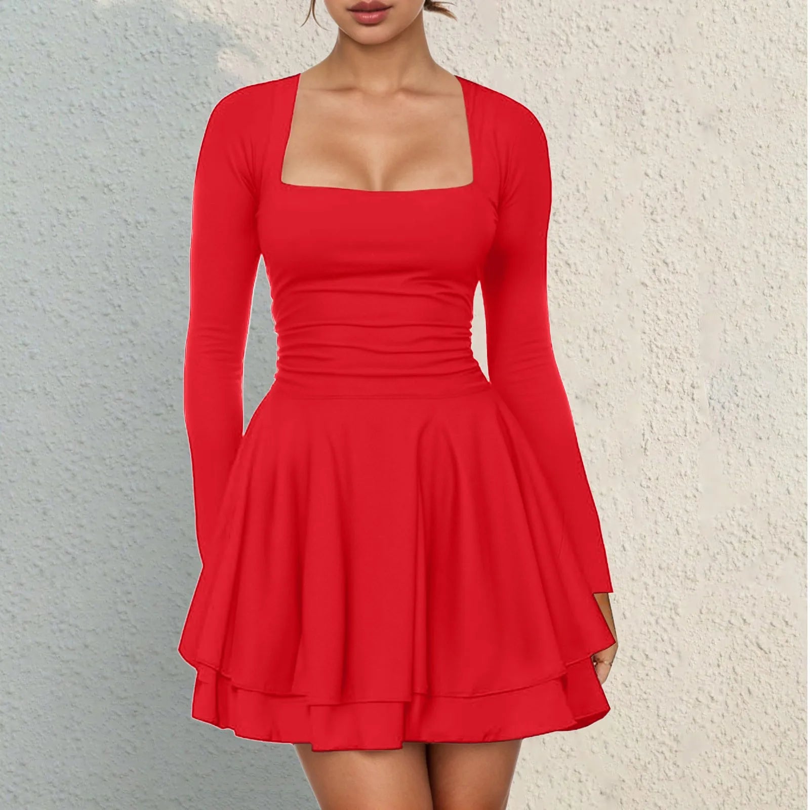 Square Neck Long Sleeve Mini Dress with Structured Waist and Ruffle Hem