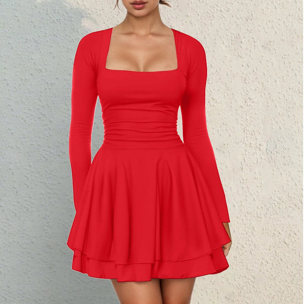 Long-Sleeve Black Mini Dress with Square Neckline and Ruched Corset Waist