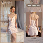 Champagne Satin-Finish Slip Dress with Plunging Lace-Up Neckline and Ruffled Trim