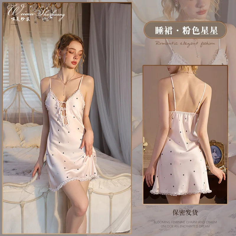 Champagne Satin-Finish Slip Dress with Plunging Lace-Up Neckline and Ruffled Trim