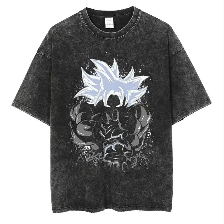 Vintage Washed Oversized Graphic Streetwear Tee with Monochrome Power Illustration