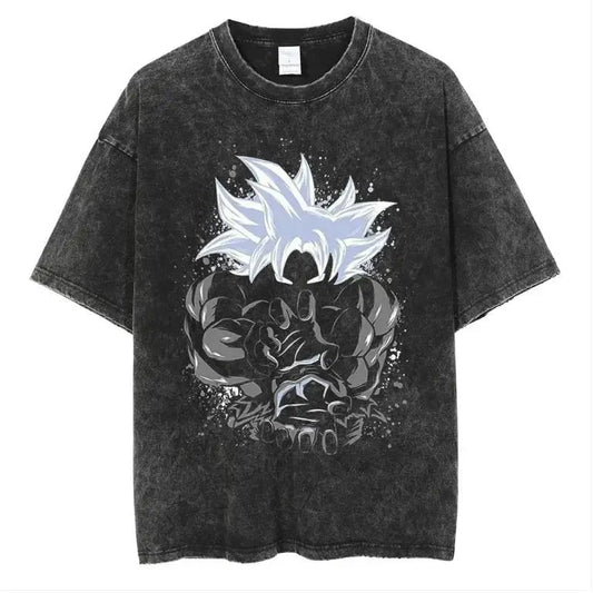 Vintage Washed Oversized Graphic Streetwear Tee with Monochrome Power Illustration