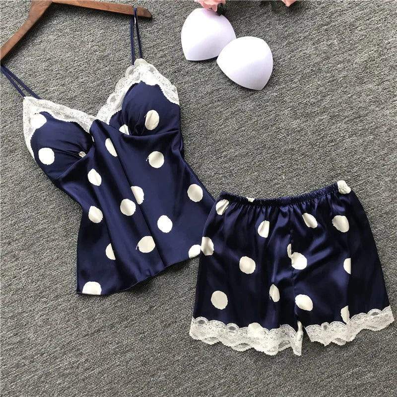 Classic Monochrome Polka Dot Camisole Sleep Set with Scalloped Lace Edge
