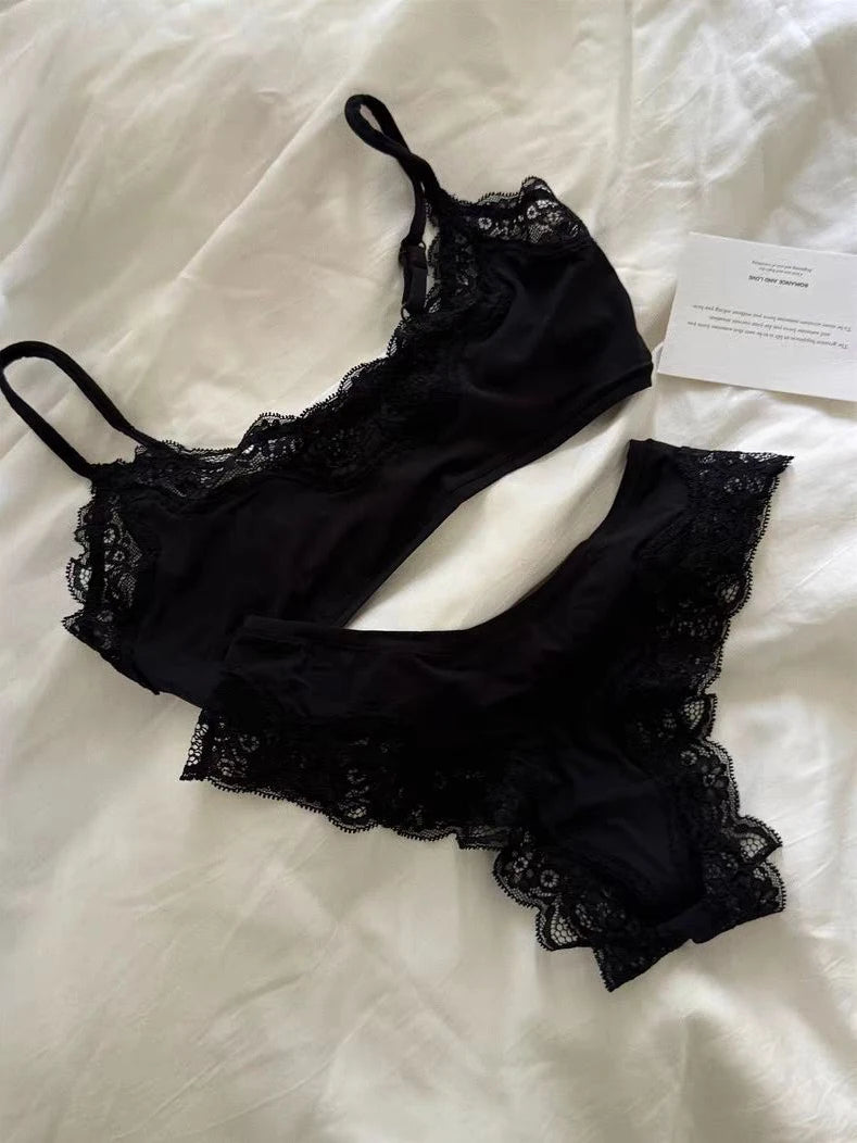 Minimalist Light Pink Wire-Free Lounge Bralette and Brief Set with Delicate Lace Edging