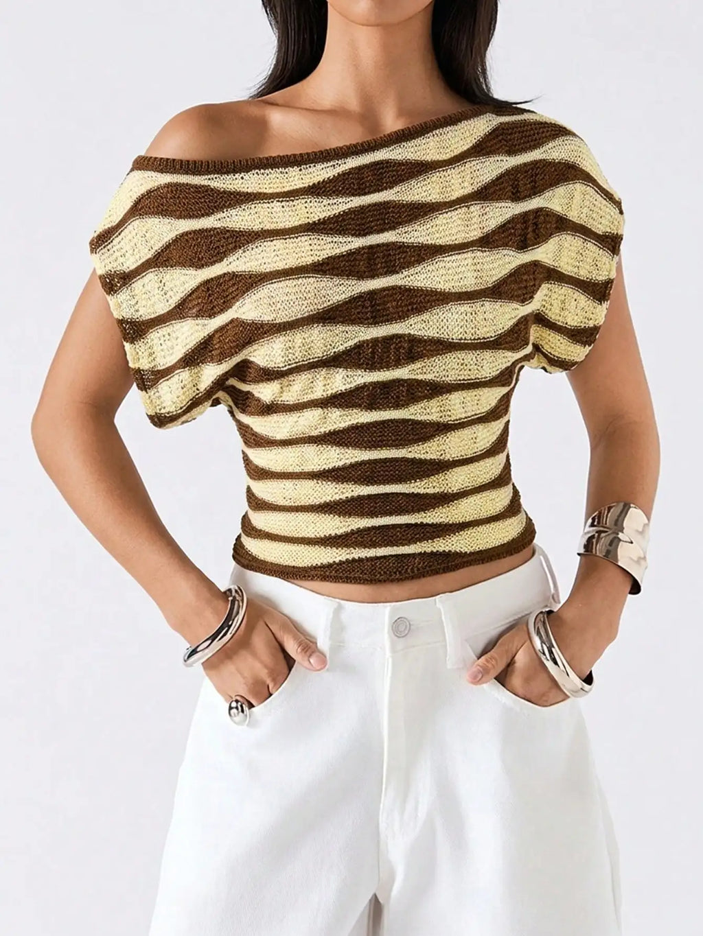 Off Shoulder Striped Knit Crop Top with Relaxed Summer Streetwear Style