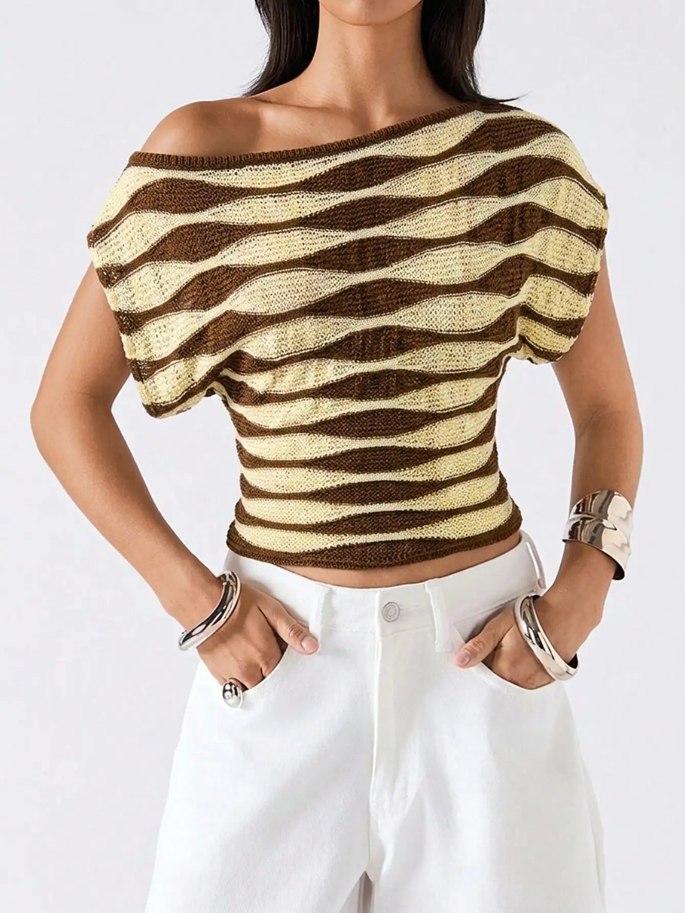 Off Shoulder Striped Knit Crop Top with Relaxed Summer Streetwear Style