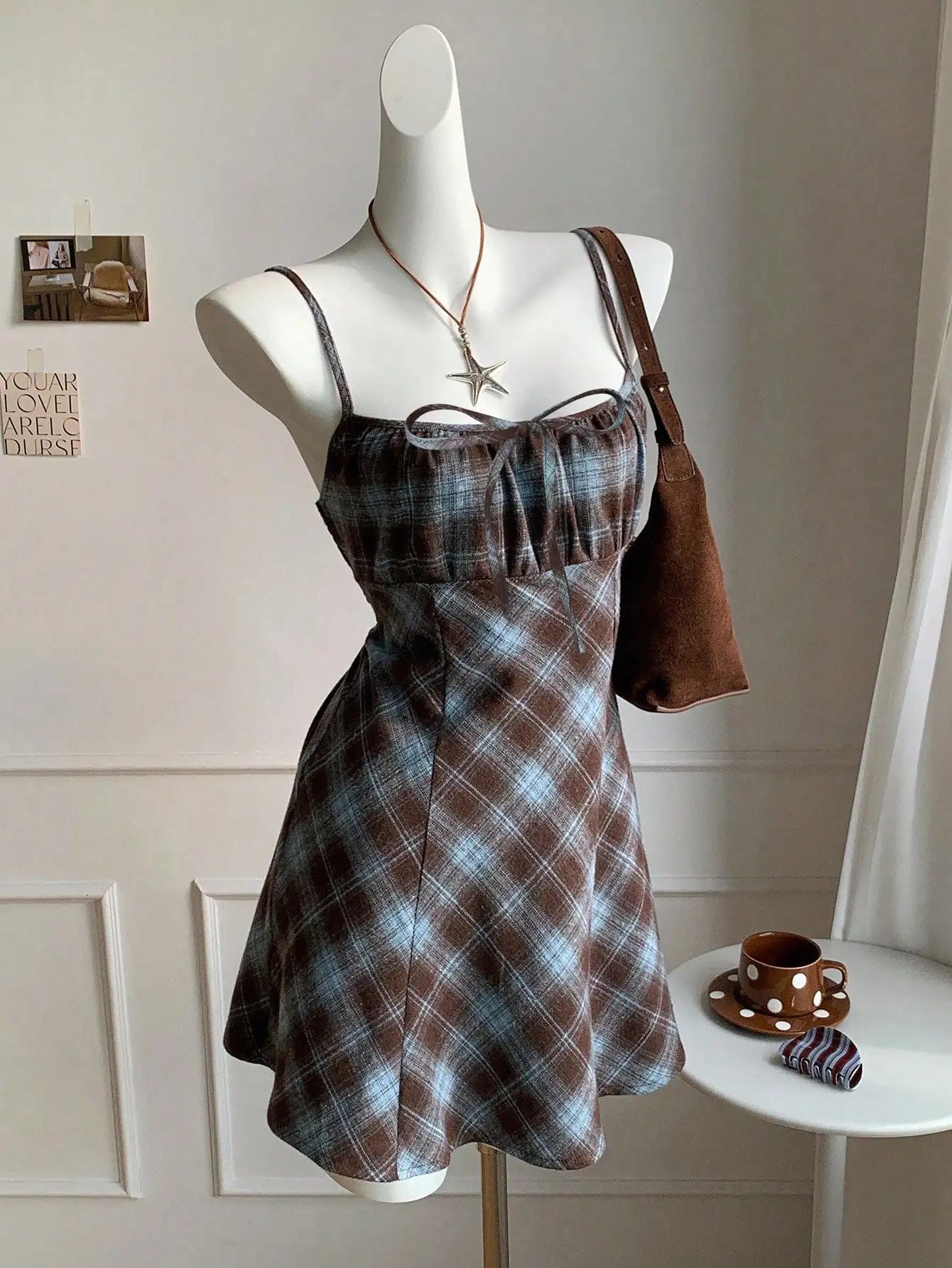Plaid Square Neck Strap Mini Dress with Bow Detail and A-Line Fit