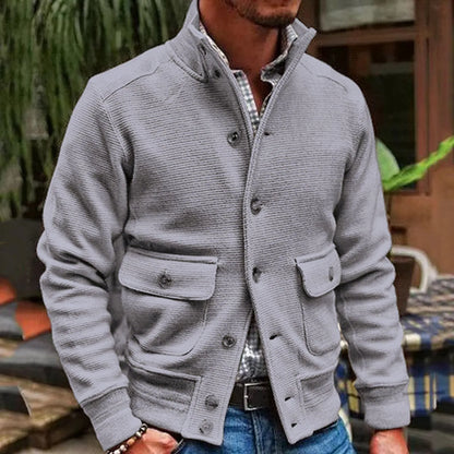 Men's Knit Button Front Cardigan Jacket with Utility Pockets for Contemporary Casual Streetwear