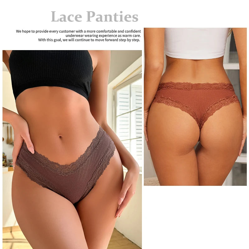 Five-Piece Ribbed Cotton-Blend Brazilian Panty Set with Floral Lace Trim