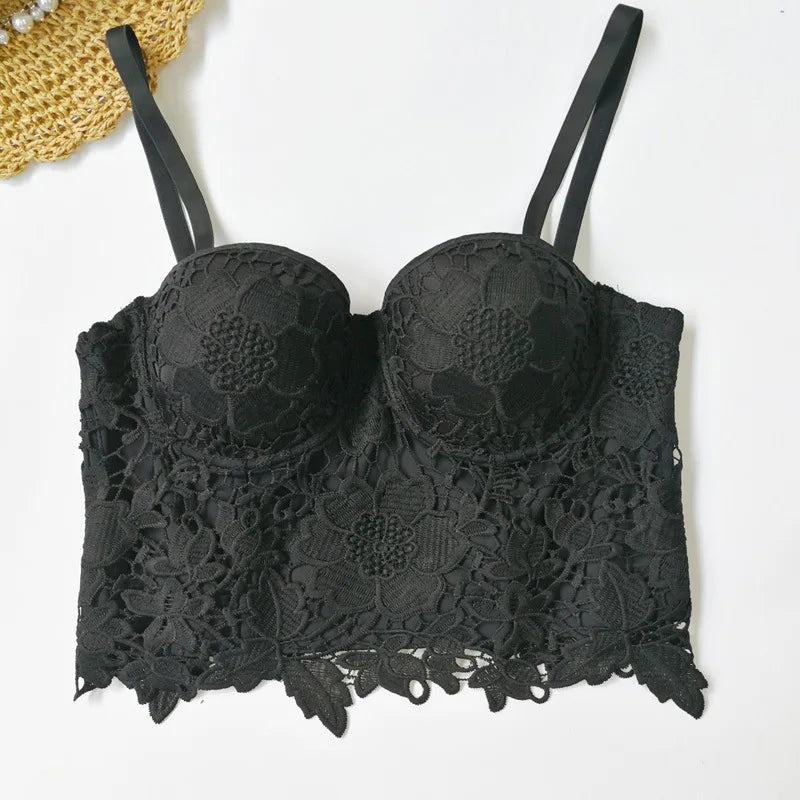 Floral Lace Bustier Top with Embroidered Detailing and Structured Cups