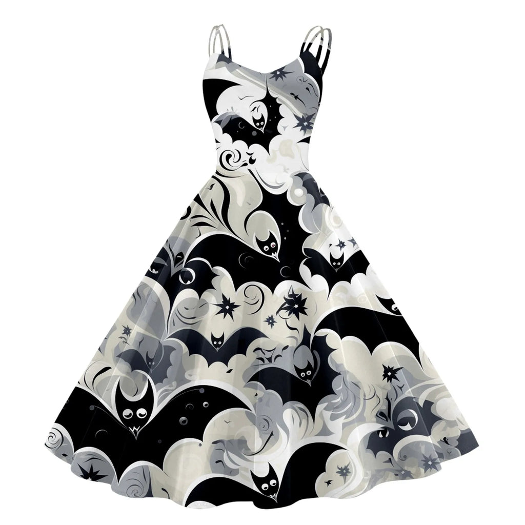 Black and White Bat Print A-Line Swing Dress with Double Spaghetti Straps