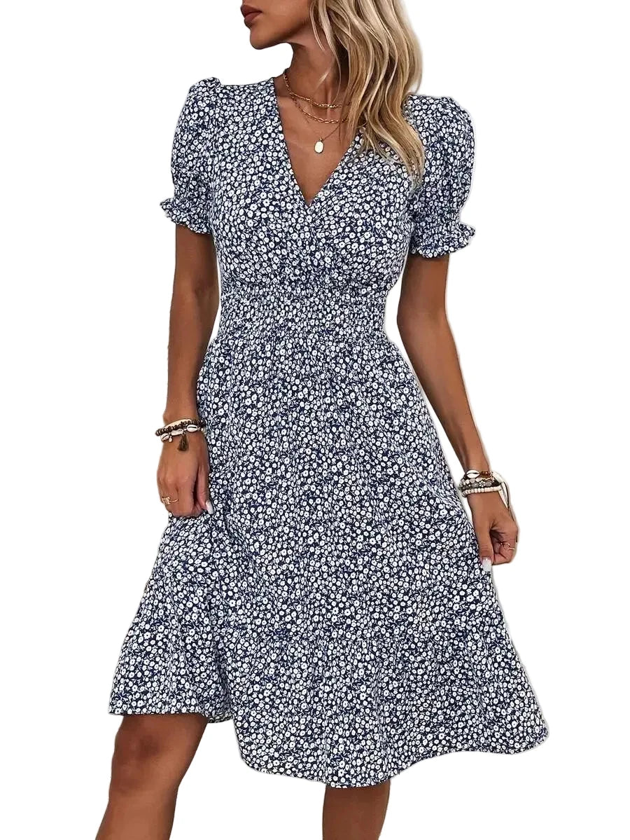 Breezy Blue Ditsy Floral V-Neck Mini Dress with Puff Sleeves