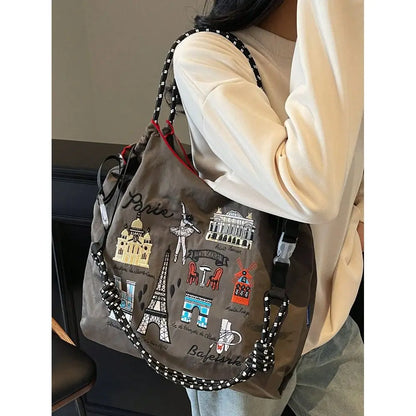 Graphic Embroidered Utility Tote Bag with Large Capacity Carry Design
