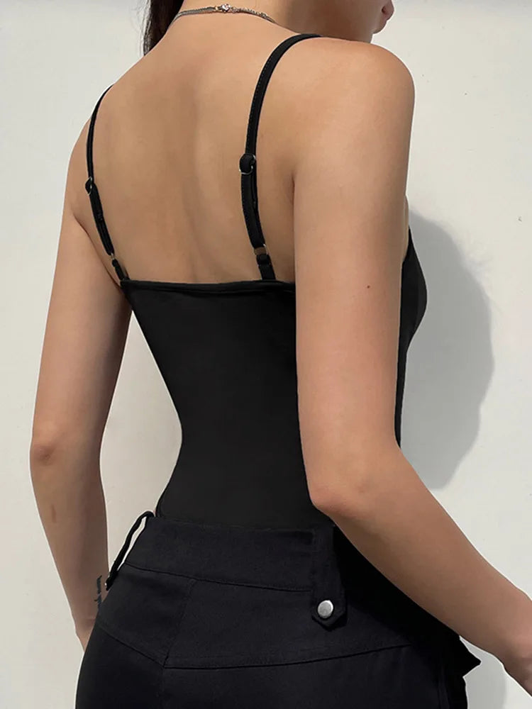 Ruched Spaghetti Strap Bodycon Bodysuit for Dark Aesthetic Alternative Styling
